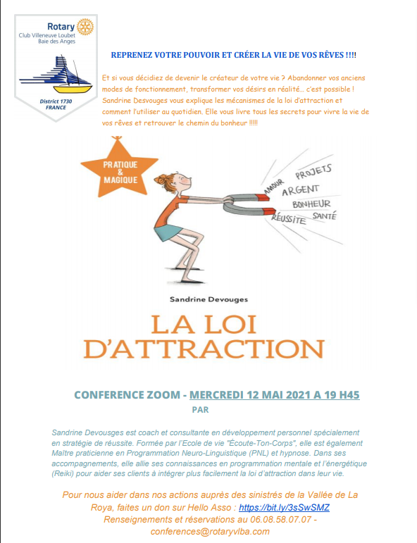 RotaryVLBA's tweet image. REPRENEZ VOTRE POUVOIR ET CRÉER LA VIE DE VOS RÊVES !
Et si vous décidiez de devenir le créateur de votre vie ? Abandonner vos anciens modes de fonctionnement, transformer vos désirs en réalité… RDV le 12 MAI 2021 A 19 H45 Infos résa 06.08.58.07.07 conferences@rotaryvlba.com