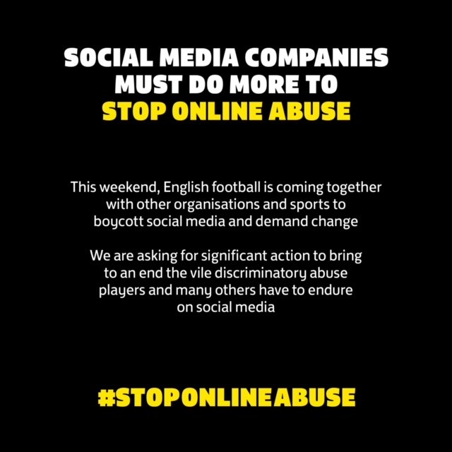 English football, alongside other sports, organisations and individuals, will switch off social media accounts from 3pm today until 11.59pm on Monday 3 May.

Social media companies must do more to #StopOnlineAbuse. Join us and switch off too, as we collectively demand change.