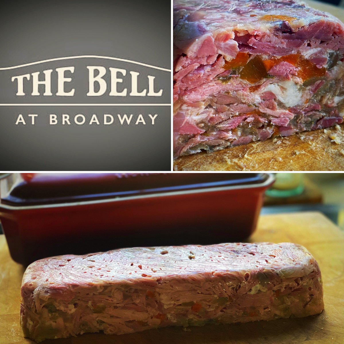 Great British food. Ham hock terrine to go with our Ploughman’s Lunch, along with @Barbers1833, Bath Blue, crispy Broadway village egg, pickles, homemade granary sourdough, salted Somerset butter, watercress salad. #somerset #somersetproduce #mckinleyskitchen #thebellbroadway