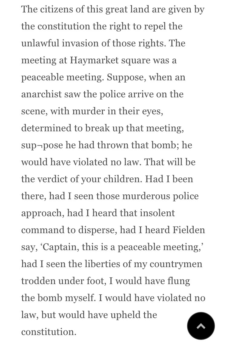 Lucy Parsons, speaking in Kansas City while her husband waited for execution, said:“I despise murder. But when a ball from the revolver of a policeman kills it is as much murder as when death results from a bomb.”Lady did not mince words.  https://www.blackpast.org/african-american-history/1886-lucy-parsons-i-am-anarchist/