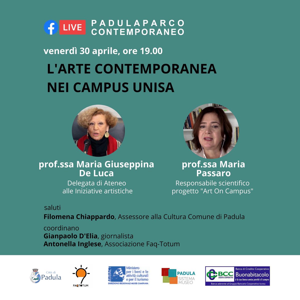 [UNISA e #PadulaParcoContemporaneo]
Questa sera, in diretta con il Padula Parco Contemporaneo, racconteremo della dimensione artistica dei Campus Unisa, il Museo diffuso delle opere di arte contemporanea presenti <a href="/UniSalerno/">Università Salerno</a>.  Dalle ore 19.00 LIVE sulla pagina Facebook del Parco