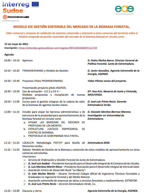 Extremadura2030's tweet photo. Si te interesa la gestión forestal sostenible, el próximo día 13 de mayo tienes una cita con @AGENEXORG  dentro del marco del proyecto #promobiomasse. Toma nota y regístrate en el webinar en el siguiente enlace 👉https://t.co/1SJeXDVnLH. Os mostramos la agenda del evento 🧐 https://t.co/TvpGtwjS42