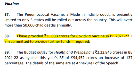Saaf_Baat's tweet photo. Union Budget (pg7) earmarked 35,000 Cr for Covid vaccination this year. This was more than adequate to vaccinate every one of ~85 cr Indians under 18 @₹150 per dose. (85cr x 300=25,500 Cr)

#WhereAreVaccineFunds?

Why are states being forced to buy vaccines at ₹300 per dose? https://t.co/RoFasnYW5K