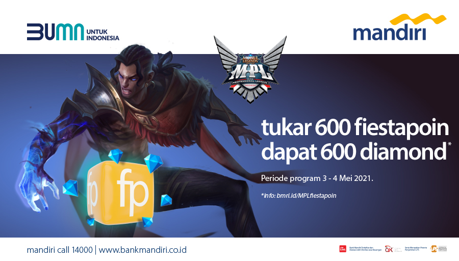 bankmandiri's tweet photo. Khusus untuk Sahabat yang suka gaming! Yuk cek #fiestapoin mu.
Kamu bisa dapetin 600 diamond hanya dengan tukar 600 fiestapoin lho. Berlaku tanggal 3 & 4 Mei 2021. Yuk cek jadwal penukarannya di https://t.co/IroqNRWmJx, jangan sampai ketinggalan ya. #mandiripromo #mandirimpl https://t.co/O93Rbklgtg