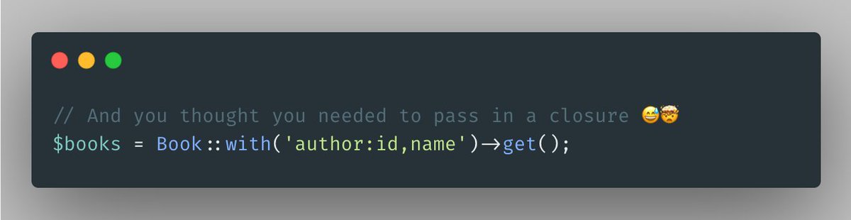 stephenoldham's tweet photo. #Laravel Tip: There's an easy way to get only the columns you need when #eagerloading a relation. Just add a comma separated list (including that all important primary key). #Eloquent makes it a dream 👌🏼🔥 https://t.co/48CZM9VTUY