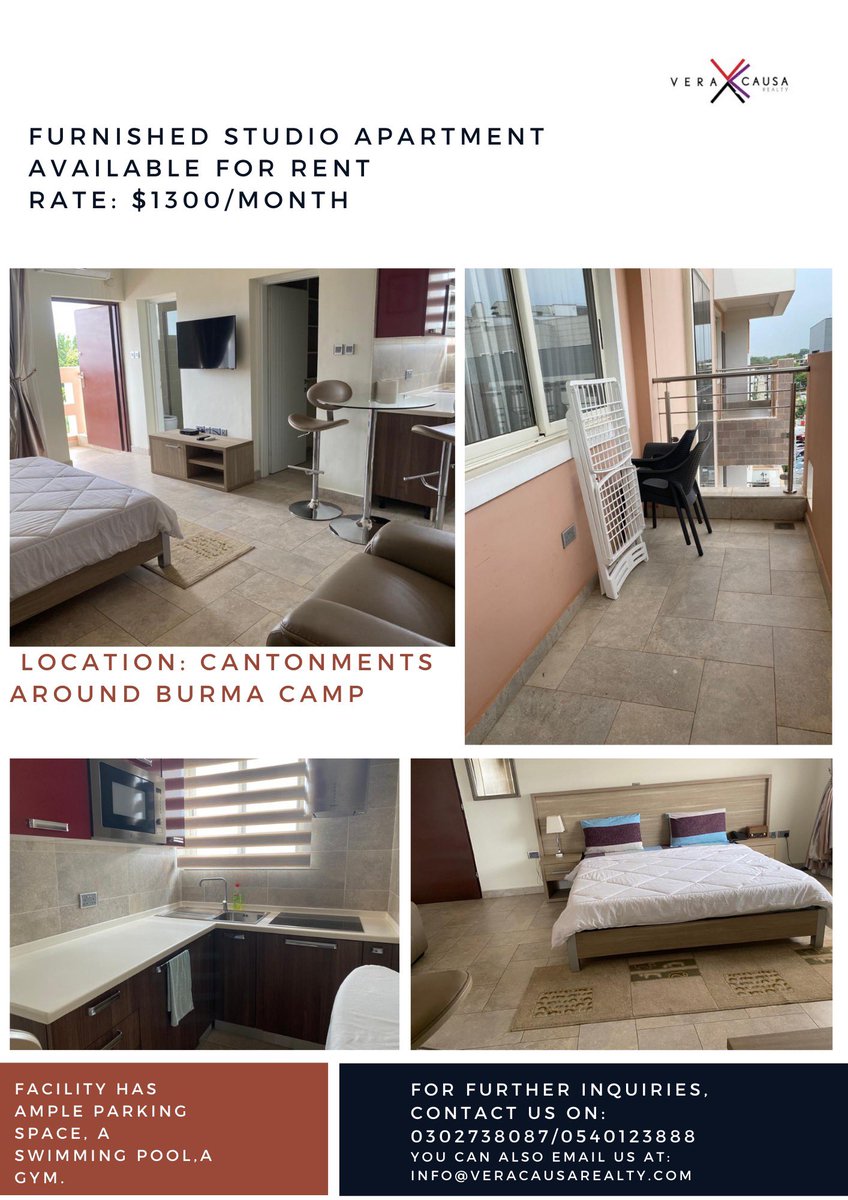 Furnished Studio Apartment Location: Cantonments around Burma Camp Rate: $1300/month Facility has ample parking space, a swimming pool, and a gym. It is also available for rentals!!