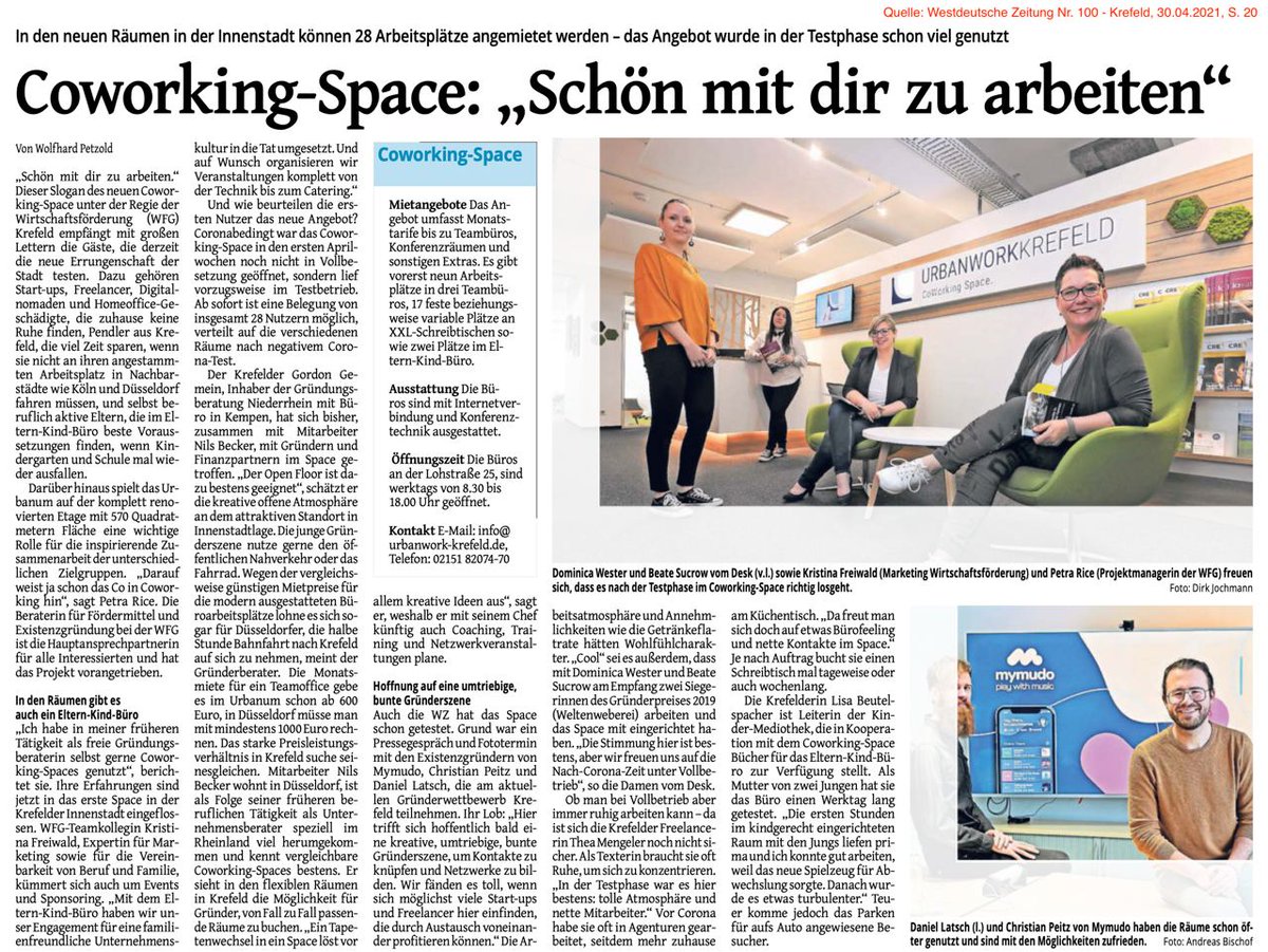 coworking_de's tweet photo. Die Westdeutsche Zeitung stellt das von der kommunalen #Wirtschaftsförderung der Stadt #Krefeld eröffnete #CoworkingSpace »Urbanwork« vor. Wir freuen uns über die mediale Aufmerksamkeit für unser #GCFde-Mitglied @PetraRice67 und wünschen viel Erfolg. 😀 https://t.co/Oh8tVyf1gS