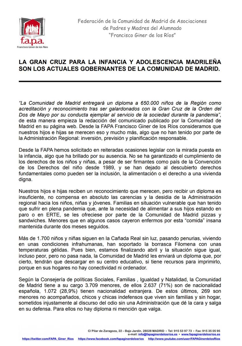 FAPA_Giner_Rios's tweet image. Bienvenida sea la Gran Cruz de la Orden del Dos de Mayo que otorga la @ComunidadMadrid , si con ello lo que se quiere realizar es un verdadero acto de petición de disculpas al alumnado que les ha soportado.