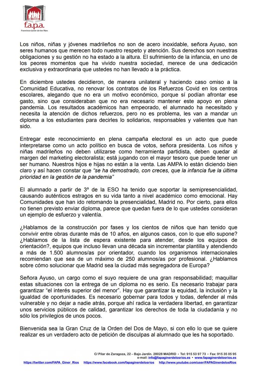 FAPA_Giner_Rios's tweet image. Bienvenida sea la Gran Cruz de la Orden del Dos de Mayo que otorga la @ComunidadMadrid , si con ello lo que se quiere realizar es un verdadero acto de petición de disculpas al alumnado que les ha soportado.