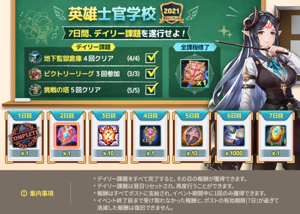 リーナ キングスレイド公式 みんな やっほーぃ٩ W و 5月1回目のメンテナンス前まで 英雄士官学校 21 が実施中だよー デイリー課題をすべてクリアすると報酬がもらえるよ ミッションは 毎日00 00を基準にリセットされるから その日のうちに