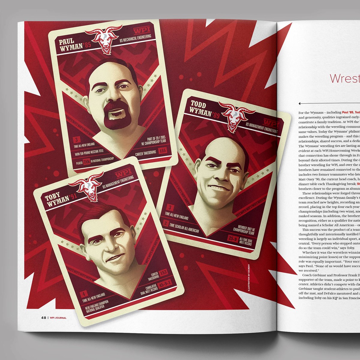 llustration for <a href="/WPI/">WPI</a> Spring edition. The commission was to illustrate the three brothers of the Wyman family, historically very important people in the WPI wrestling team. Many thanks to Lynn Saunders and <a href="/illozoo/">illozoo</a> for the opportunity 🥰