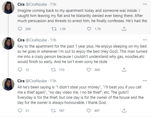 lindaikeji's tweet photo. Woman reveals how she discovered a man has been living in her apartment for a year without her knowledge https://t.co/M3isHN5IKu https://t.co/99IgUu2mMB