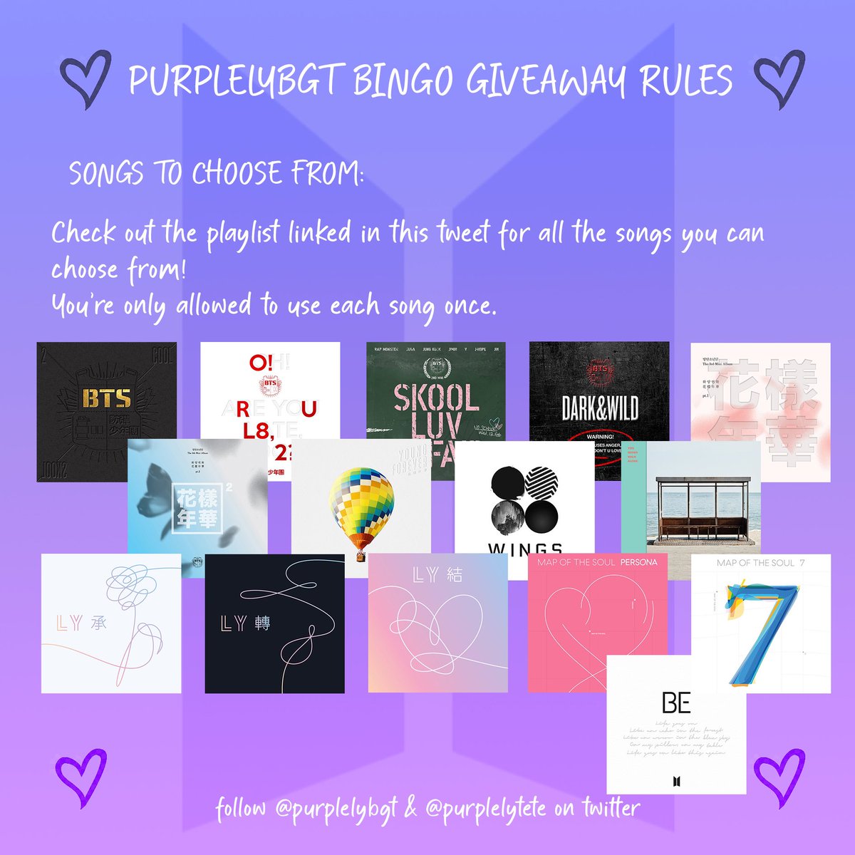 BTS BE ESSENTIAL BINGO GIVEAWAYCARD ENTRY DEADLINE: MAY 2 - 6 PM KSTTHE BINGO GAME STARTS May 2 - 8 PM KST! to enter:-follow  @purplelybgt &  @purplelytete -reply with the hashtag  #purplelybingo & your filled in bingo card