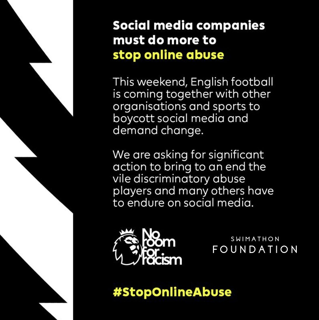 Together we stand by all sporting organisations to make changes to stop online abuse and racism. This weekend, sport is coming together to boycott social media and demand change. We are asking for significant action to bring to an end the vile discriminatory abuse sports people