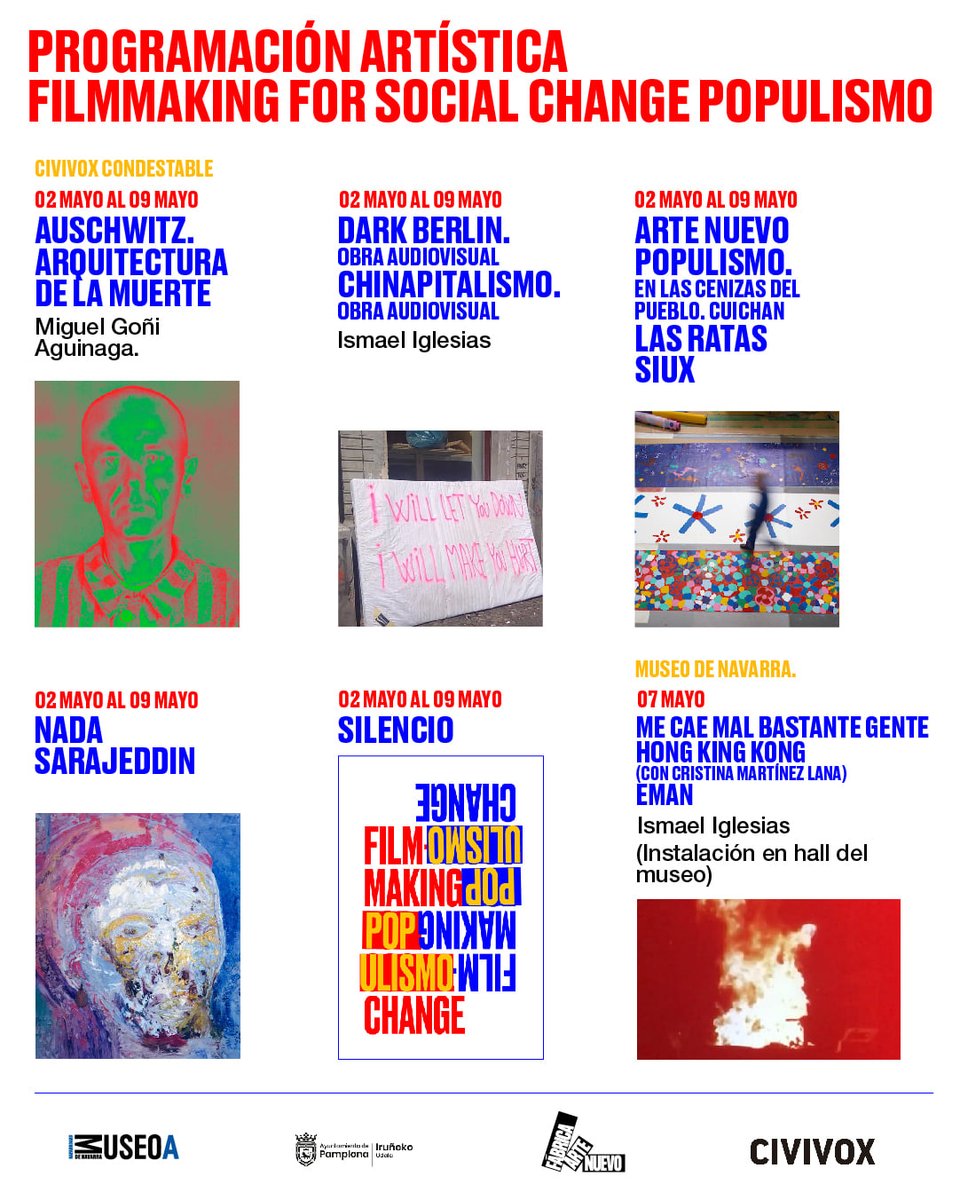 Pamplona_ayto's tweet image. 📽️ La semana que viene celebraremos una nueva edición del festival Filmmaking for Social Change @FilmakingP, centrado en los populismos
✔️ Proyecciones, coloquios y exposiciones que invitan a la reflexión
🙌 Del 3 al 7 de mayo en Condestable
+INFO: bit.ly/3xDvwZR