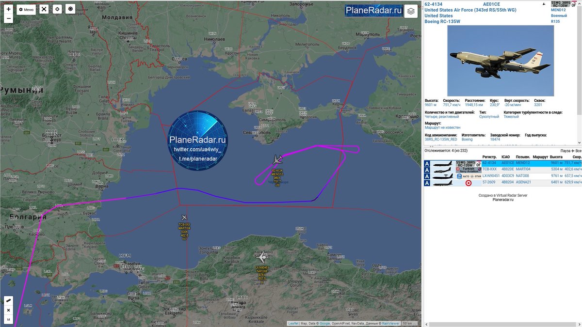 ua4wiy_'s tweet photo. 12:40 мск.
Самолёт радиоэлектронной разведки, ВВС США🇺🇸🏳️🌈 (OF 38th RS/55th WG) , #Boeing RC-135W #Rivet #Joint, бортовой номер 62-4134, позывной #MEND12, взлетевший с авиабазы Суд, о. Крит🇬🇷, производит разведывательный полёт вдоль черноморского побережья России🇷🇺. https://t.co/gJcmLIYKeL