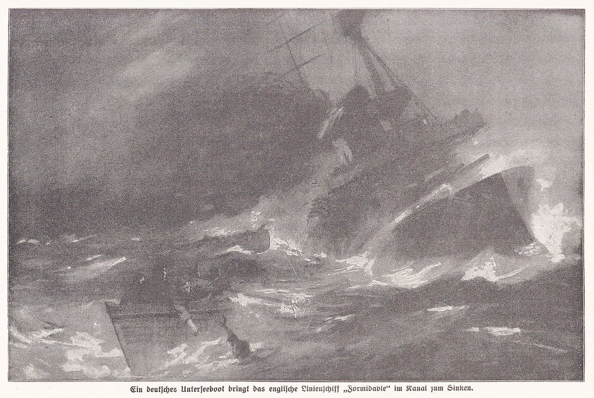 Schneider couldn't believe his luck when a column of battleships passed over his position, He picked up on the last ship in the line and fired striking Formidable on her Starboard side abreast of her fore funnel.