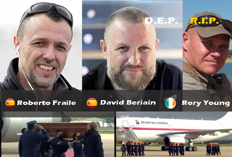 🇪🇸🇮🇪Recibidos con honores militares llegan a España los cuerpos de los 2 reporteros españoles y el conservacionista irlandés.
🇮🇪🇪🇸Received with military honors, the bodies of the 2 Spanish reporters and the Irish conservationist, arrive in Spain