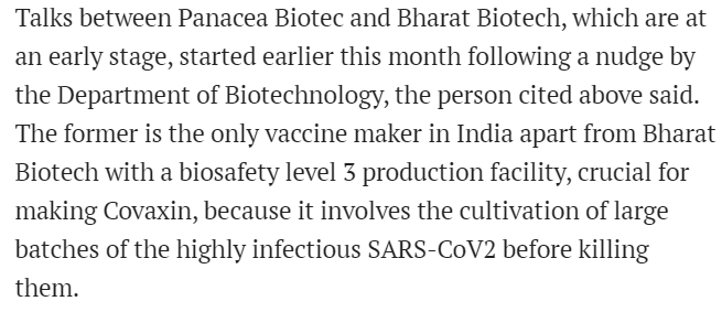 The barrier is rather the facilities required to manufacture Covaxin, which is the requirement of Biosafety level-3 production facility, which only Bharat Biotech and Panacea Biotech have in India. Both these companies are already in talks: https://www.livemint.com/science/health/covaxin-may-take-at-least-2-months-to-scale-up-11618510545822.html