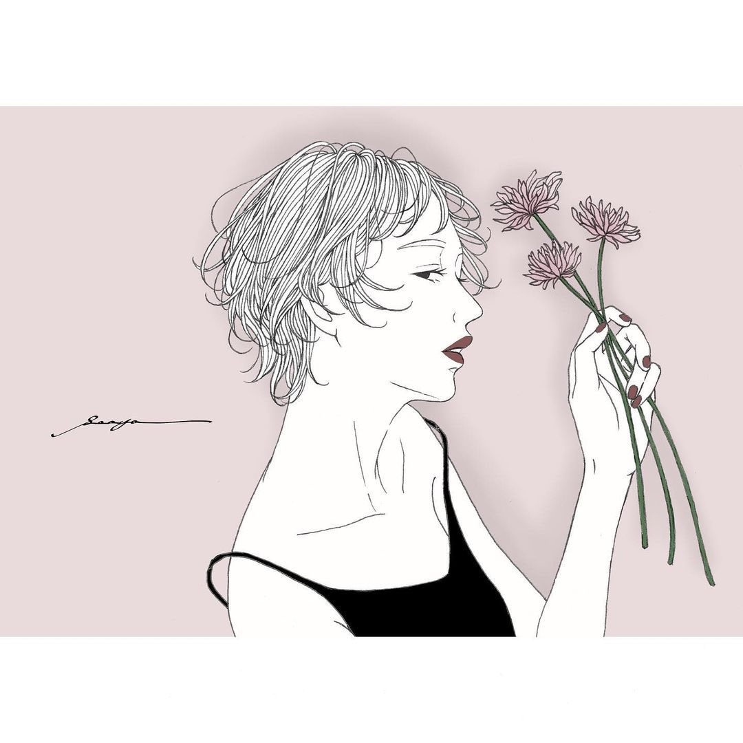 Keivi 軽美術部 物憂げな目とぽってりした唇が印象的な Saaya さんのイラスト は どこかミステリアスな雰囲気を漂わせています 細い線で表現される身体の流れや風になびく髪の繊細な作画には 若さだけではない 大人の魅力 を感じますね T