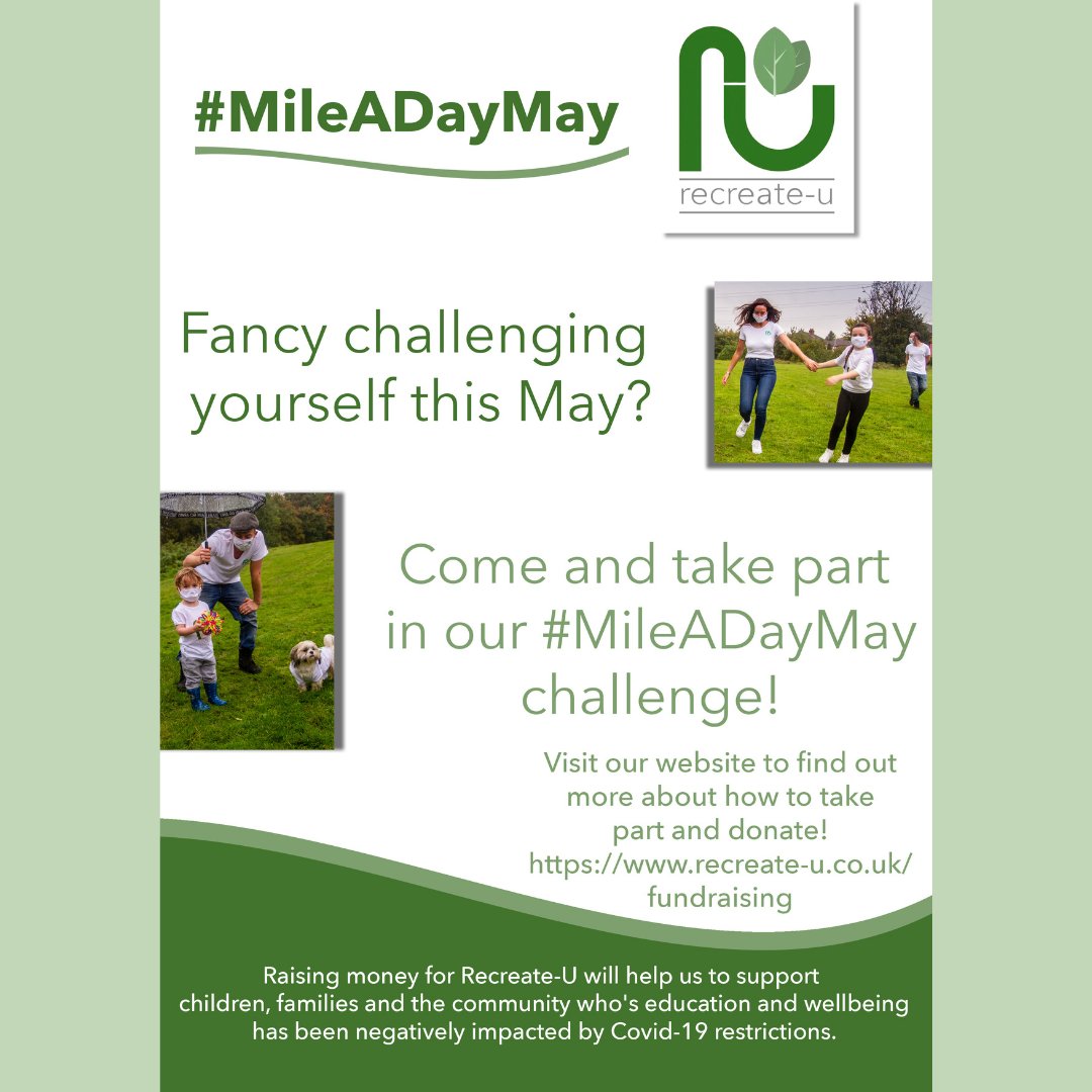 We have an exciting month of fundraising! We know that walking can help with mental and physical health So join us on our daily #MileADayMay walks and get sponsored by your friends and family then donate at the link below. recreate-u.co.uk/fundraising/Do…