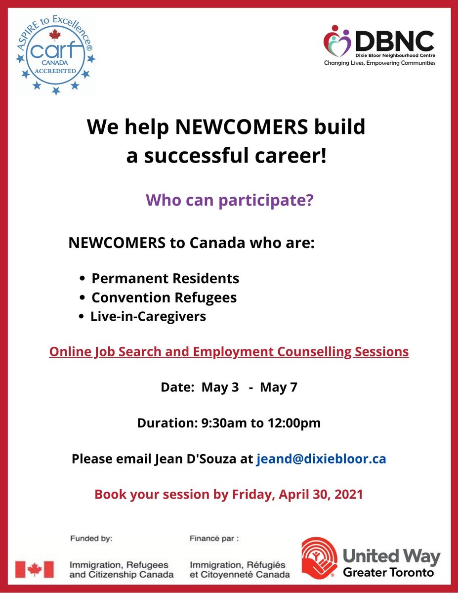 MyDBNC's tweet photo. Are you new to Canada? We can help you build a successful career! Join us for our online job search and employment counselling sessions from May 3rd to May 7th, 2021. Please email us to book your session! #DBNC #DixieBloorCentre #NewcomersCanada #DBNCEmployment https://t.co/s3GfLH05Et