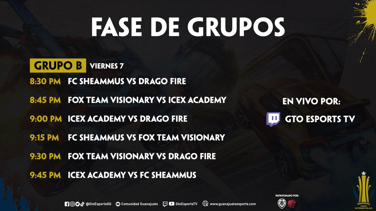 COPA INTERESTELAR GTO 🦁🏆

¡HOY ARRANCA! ⚽🔥
Esta noche empezamos con 2 grupos y partidos de infarto. 😰

Te dejamos todos los horarios del primer día de la copa. 🕐⚽🔥

🔴 En vivo por: 
📺 Twitch.tv/GtoEsportsTV

¡Apoya a tu equipo favorito! 🗣️🏁

#SomosGuanajuato
