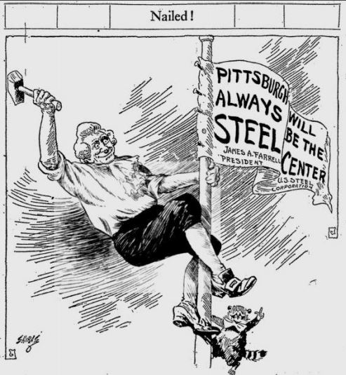& this is just for  @BobGradeck, but this is the perfect reference. This editorial cartoon from over a century ago is really the apotheosis of denial. Experts were questioning the steel industry's regional future back then, but local powers that be just refused to believe