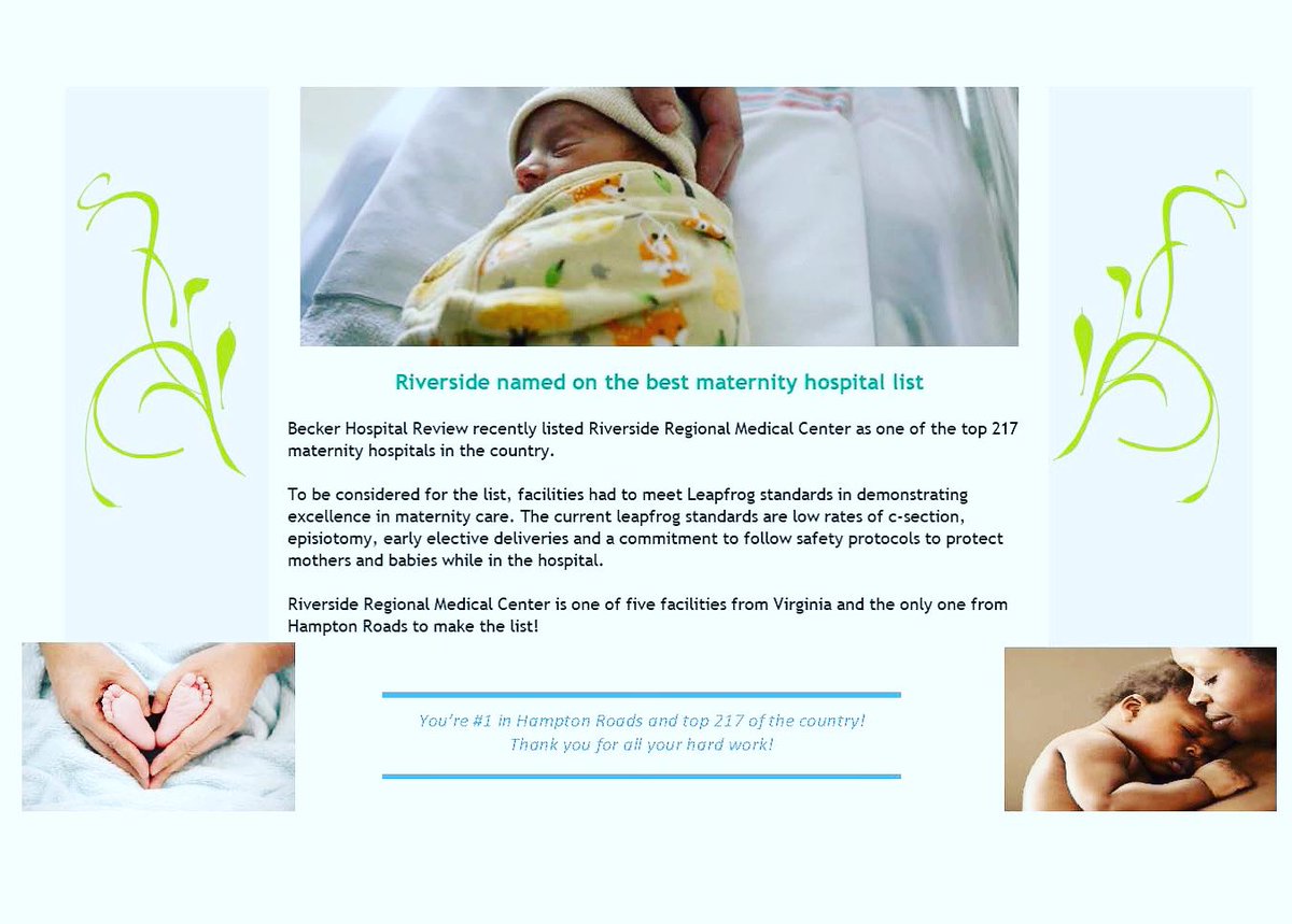 Riverside_obgyn's tweet photo. #FlashbackFriday to Riverside bring named on the best maternal hospital list!!! Our L&amp;D met standards for low cesarean rates/episiotomies, early elective deliveries, and a continued commitment to protect mother &amp; baby safety. 🤰👩🏽‍🍼🏩 #medtwitter #obgyntwitter https://t.co/j7gZ5IoQfS