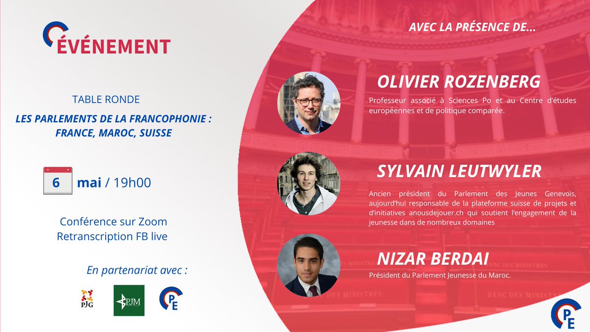 ParlementEtudia's tweet photo. ⭕️Dernière conférence de l'année !⭕️

Table ronde  sur Les Parlements de la Francophonie : France🇫🇷, Maroc🇲🇦 , Suisse🇨🇭

👩‍💻En partenariat avec le Parlement Jeunesse du Maroc &amp; le Parlement des Jeunes Genevois.

👉Rdv : 6 mai à 19h sur Zoom
➡️Inscription : 
https://t.co/cqmMnHIiZ8 https://t.co/J8Vdmrk0mz
