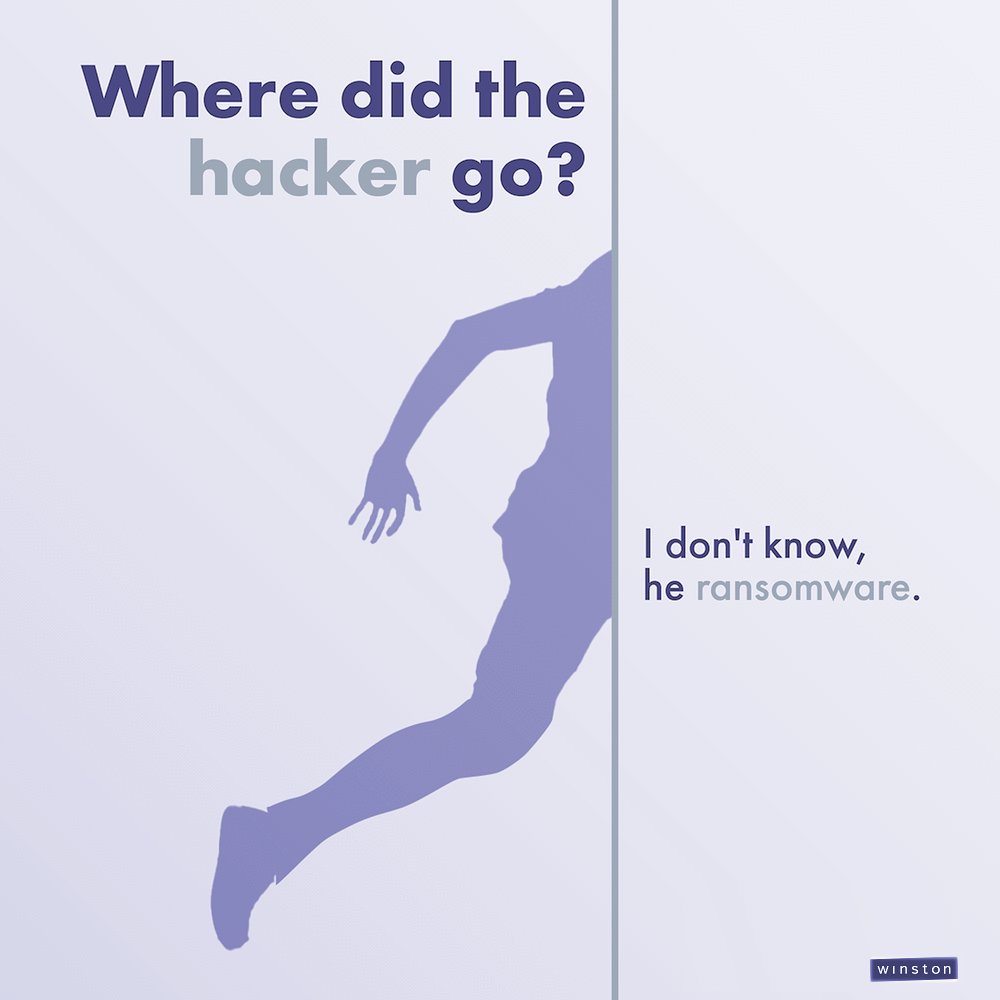 This is pretty funny 😎 but ransomware is no joke!  
Remember:
🤔 Think twice before clicking links
📩 Don't open unknown email attachments
✅ Verify downloads
📂 Back up your files regularly
Get #winstonprivacy 

#fridayfunny #ransomware #hackers #datasecurity #dataprivacy