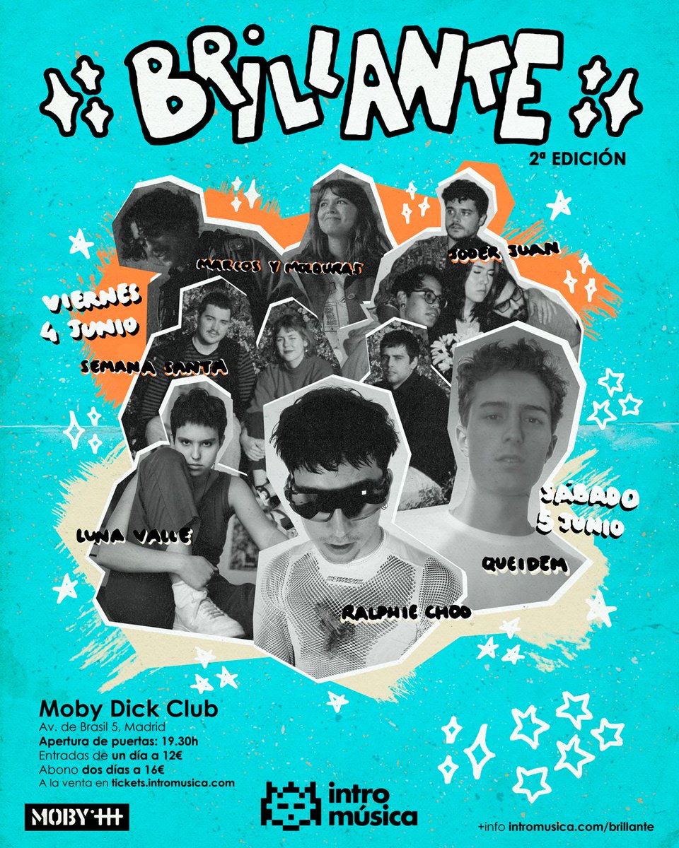 intromusica_pro's tweet photo. 🌟¡¡NOTICIÓN!!🌟
Llega la segunda edición de Brillante!✨, el mini-festival que reunirá a algunos de los nombres más interesantes de la nueva escena en @MobyDickClub 💫🎶
4 de junio➡️ @marcosymoldurs @semanasantisima #JoderJuan
5 de junio➡️ #RalphieChoo #LunaValle @queidem_ https://t.co/bCmP2rQsb7