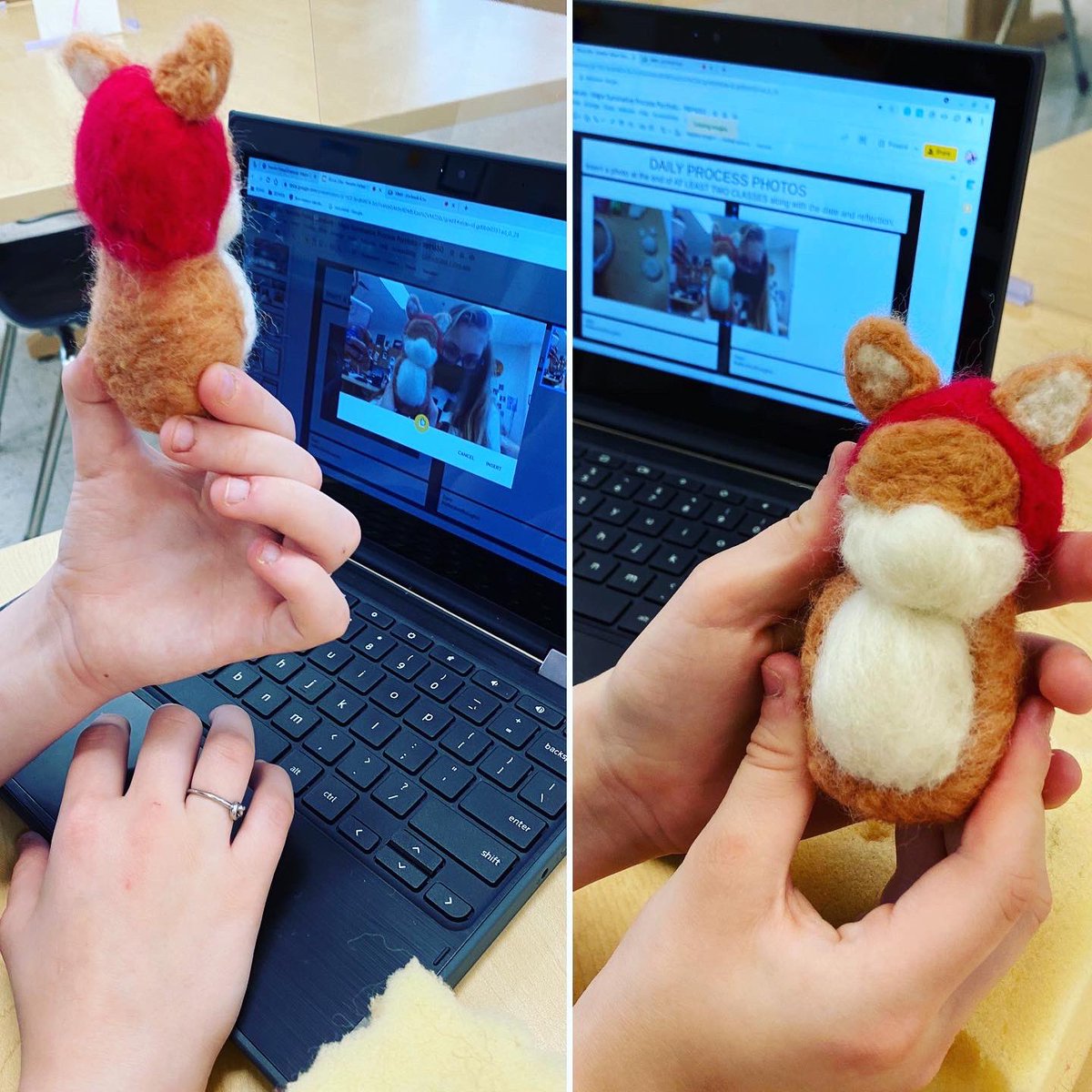 mrsthiele's tweet photo. DL and in-person students in 8th grade 3D Art are experiencing Needle Felting for the first time! @BAM_MS_Official @rdawson2213 #felting #needlefelting #fiberart #arted #artteacher #artlesson #artclass #concurrentteaching #lcps21 #sculpture #teach https://t.co/CKAreeE60O