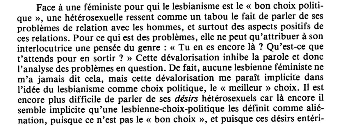 lesbianisme politique comme le “meilleur” choix, c’est qu’elle “inhibe la parole et donc l’analyse des problèmes en question” des relations hétéro.