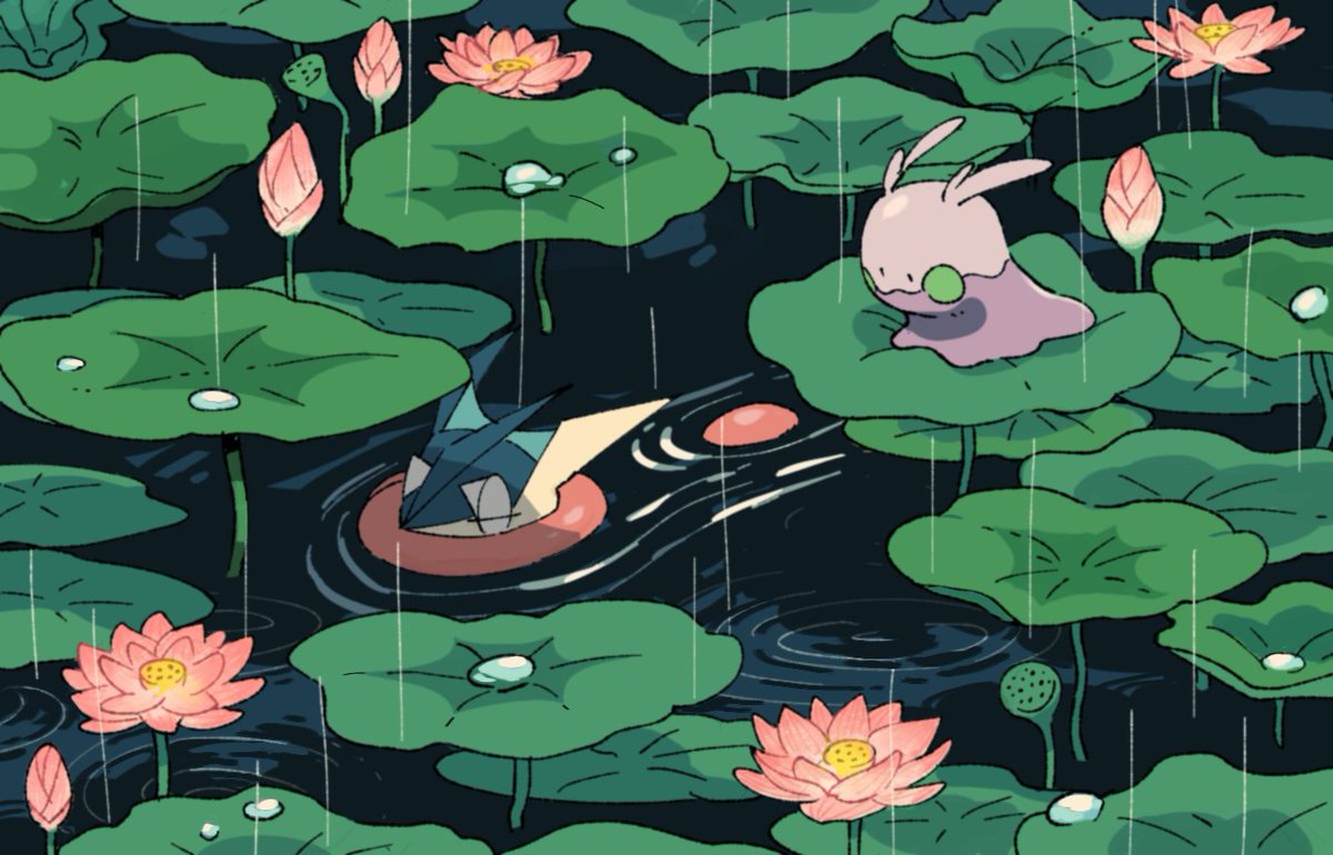 pokemon (creature) no humans lily pad flower rain water ripples  illustration images