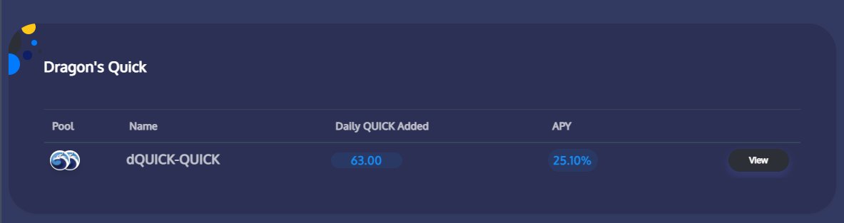 The legends over at  @ApyVision added a simple  $dQUICK box to their already clutch  @QuickswapDEX rewards tracker. So now you can quickly look up the APY of dQUICK in the Dragon's Lair while you are scoping out reward APYs of  @QuickswapDEX pools https://matic.apy.vision/#/rewards/quickswap