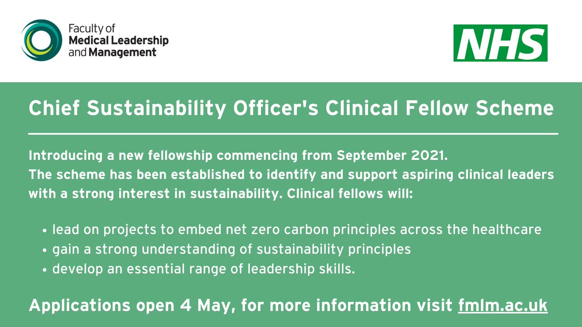 FMLM is delighted to launch the first national leadership fellowship for clinical leaders and sustainability champions on behalf of @watts_nick Chief Sustainability Officer <a href="/GreenerNHS/">Greener NHS</a>  <a href="/NHSEngland/">NHS England</a> fmlm.ac.uk/chief-sustaina… Applications open on Tuesday 4 May