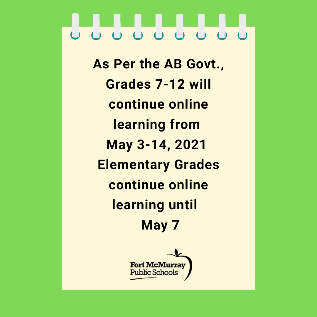 As per the <a href="/YourAlberta/">Alberta Government</a> announcement last night, grades 7-12 will continue online learning from May 3-14, 2021. Elementary grades continue online learning until May 7. #YMM #RMWB <a href="/JTurner_RPsych/">Dr. Jennifer Turner, EdD</a> <a href="/annaleeskinner/">Annalee Nutter</a> <a href="/ShelenePelley/">Shelene pelley</a> <a href="/MerrieRae/">MMitsopoulos</a>