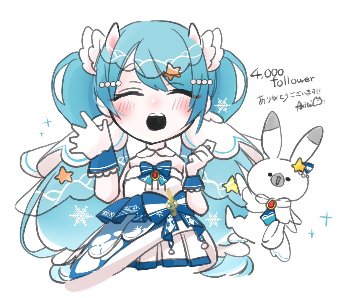 初音ミク ,ラビット・ユキネ ,雪ミク 「#今月描いた絵を晒そう
四枚じゃ足りないよぅ 」|猫間 ｱｷ🐈🐾のイラスト