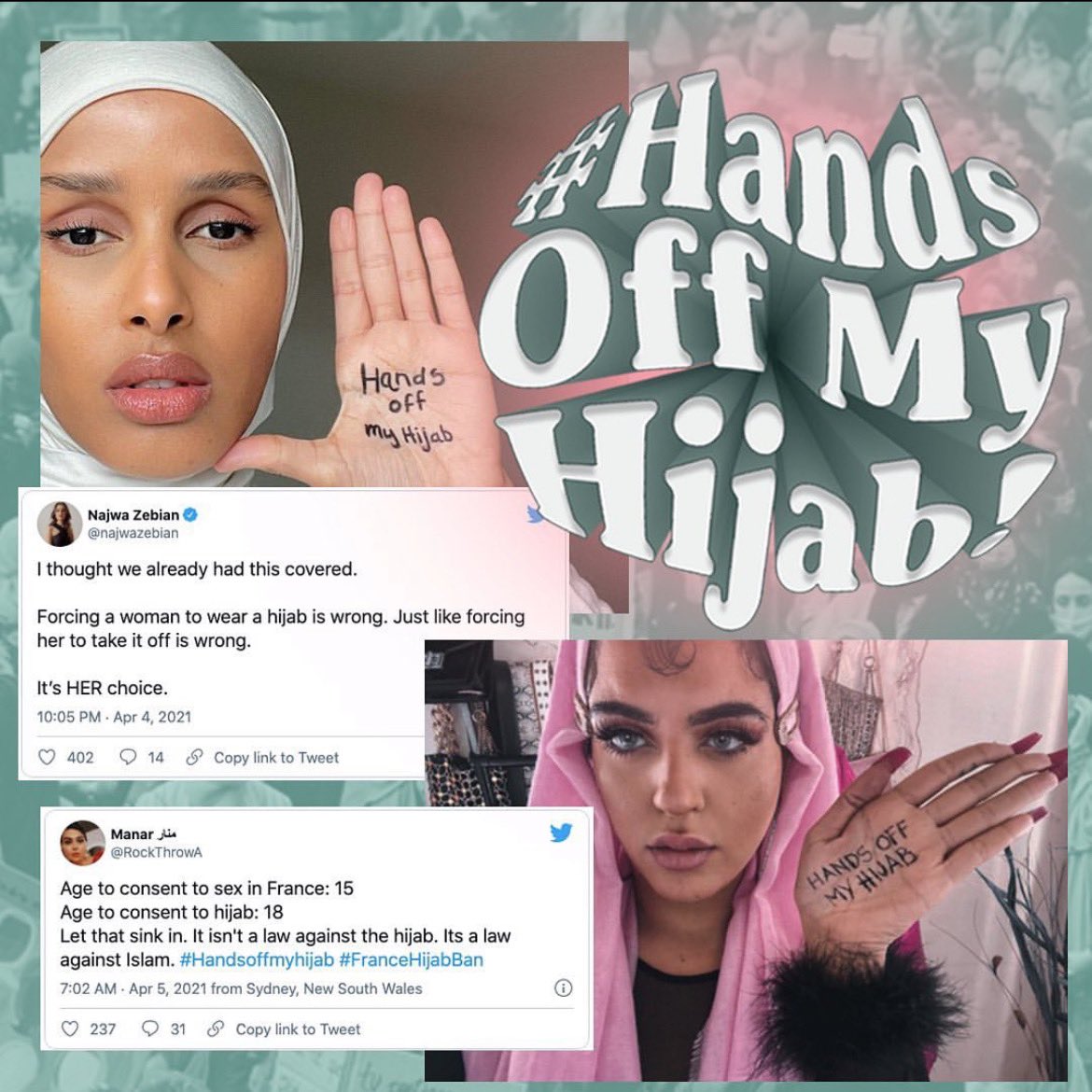 #handsoffmyhijab ! In March 2021, the French Senate voted in favor of banning women under 18 from wearing Islamic headwear. Read about the ban, the history of colonialism and islamophobia in French Algeria, and interviews discussing personal feelings about the laws and the hijab.
