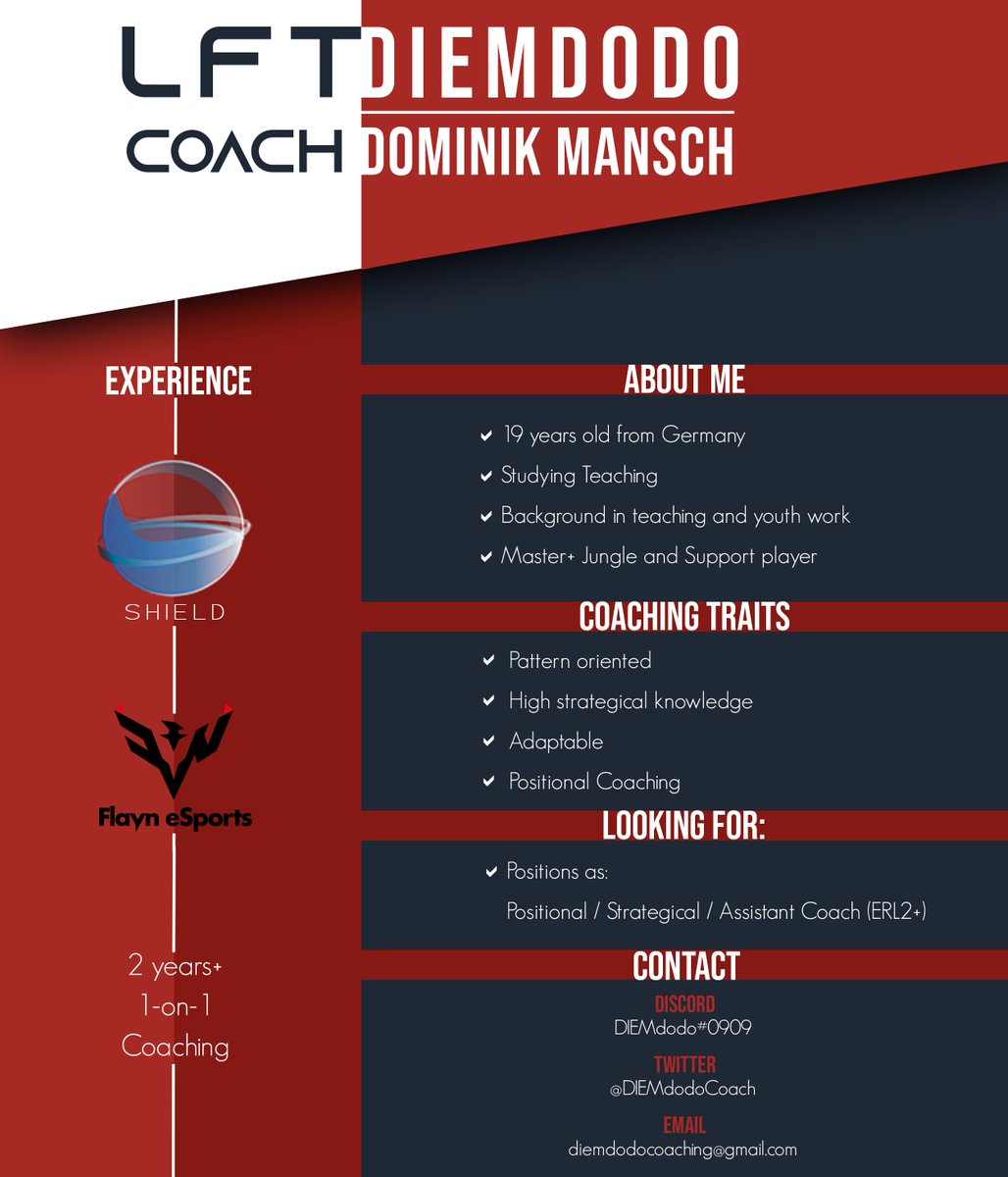 Shield has allowed me to explore options for the Summer split.
I am mainly looking for positions as Positional/Strategical/Assistant Coach in ERL2+.
I will consider every offer.
PM me if you are interested or have any questions.

References: <a href="/squalito_lol/">Squalito</a> @SHD_Meteora @AriesLoL_