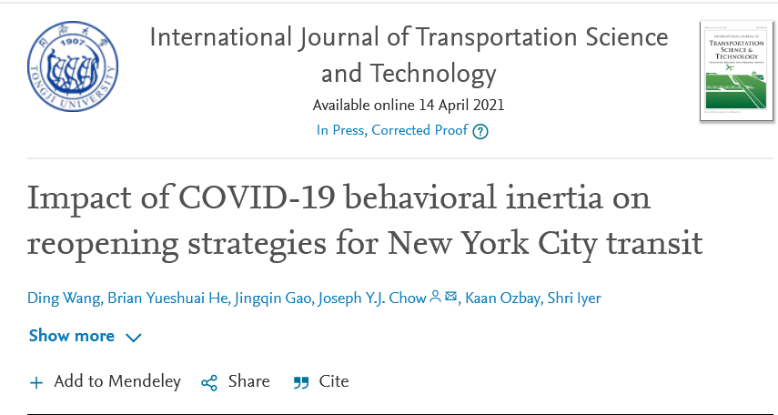 c2smartnyu's tweet image. Our COVID-19 work from last year is now published in @Transport_ELS International Journal of Transportation Science and Technology 🎉 This work uses our #MATSim-NYC platform to simulate multiple agents across the city under different work-from-home and transit capacity levels
