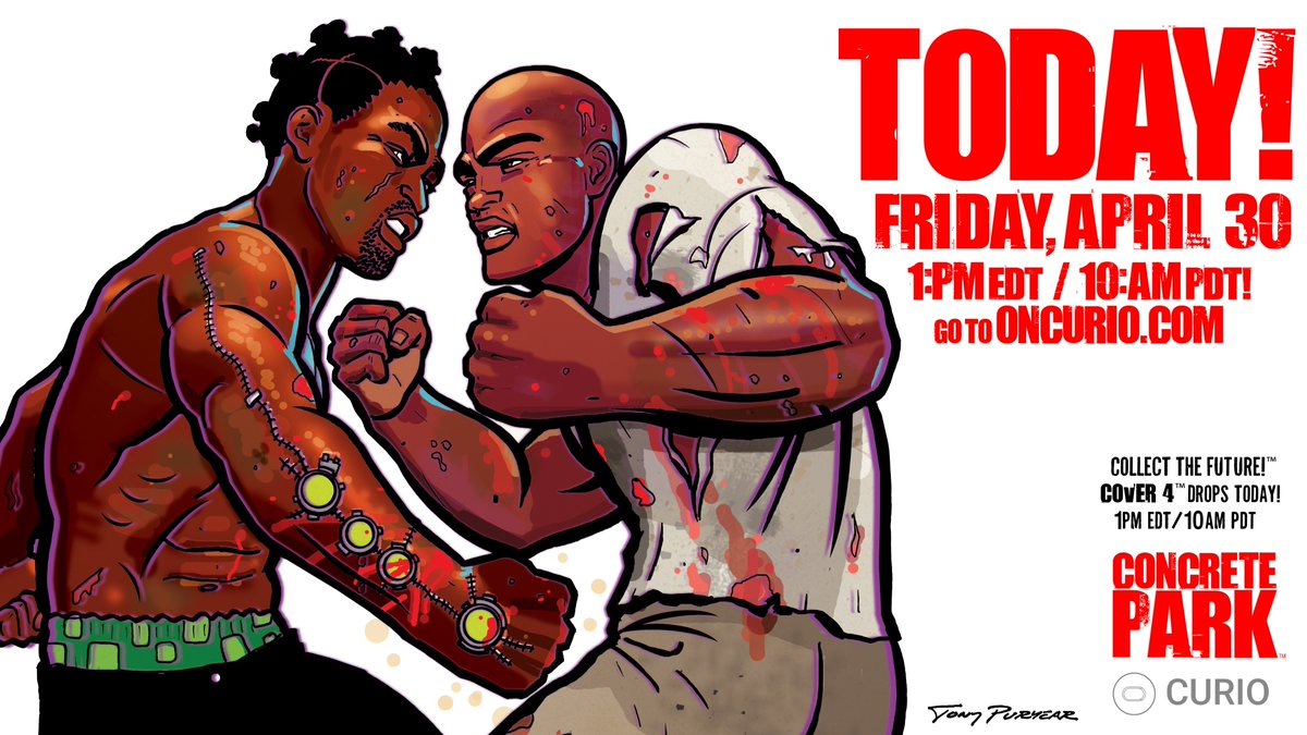 Latest Concrete Park™ NFT drops TODAY, Friday, April 30 1PM EDT / 10AM PDT! Get Cover #4 featuring Isaac™ and Boza™! Go to oncurio.com or check in 
@curioNFT to sign up for email alerts. These characters don't play! #NFTs #ConcreteParkNFTs