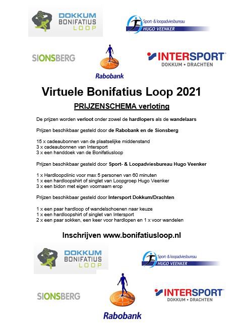 Je kunt zelf je datum en tijdstip kiezen in het tijdvak van 13 t/m 23 mei om de Virtuele BonifatiusLoop de gaan hardlopen en/of wandelen. Alhoewel het dit keer geen wedstrijd of evenement is worden er onder alle deelnemers zo’n 30 prijzen verloot.