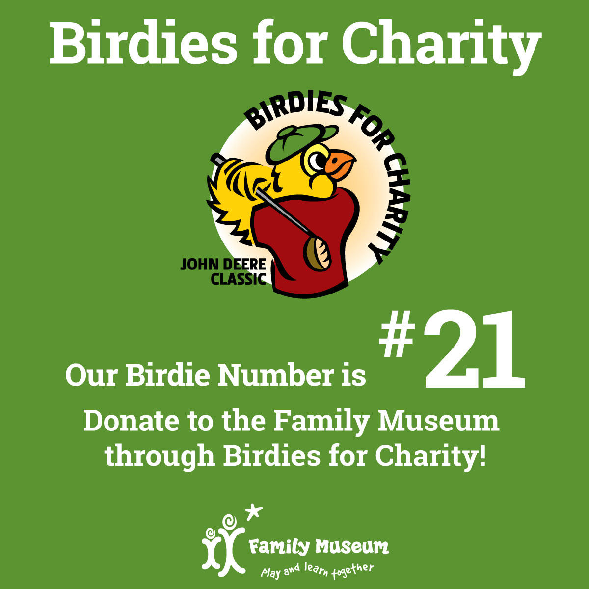 The 2021 Birdies for Charity campaign is underway!  Funds donated help us host top-notch traveling exhibits; provide budget-friendly art classes and dance lessons; and give kids the opportunity to play and imagine. Visit birdiesforcharity.com/donate. It’s that simple!
