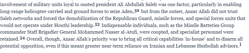 One important factor that is often overlooked is that Houthi distrust (justified) of former Salih military people resulted in the Houthis going further with IRGC/LH than many might have expected of this xenophobic group.