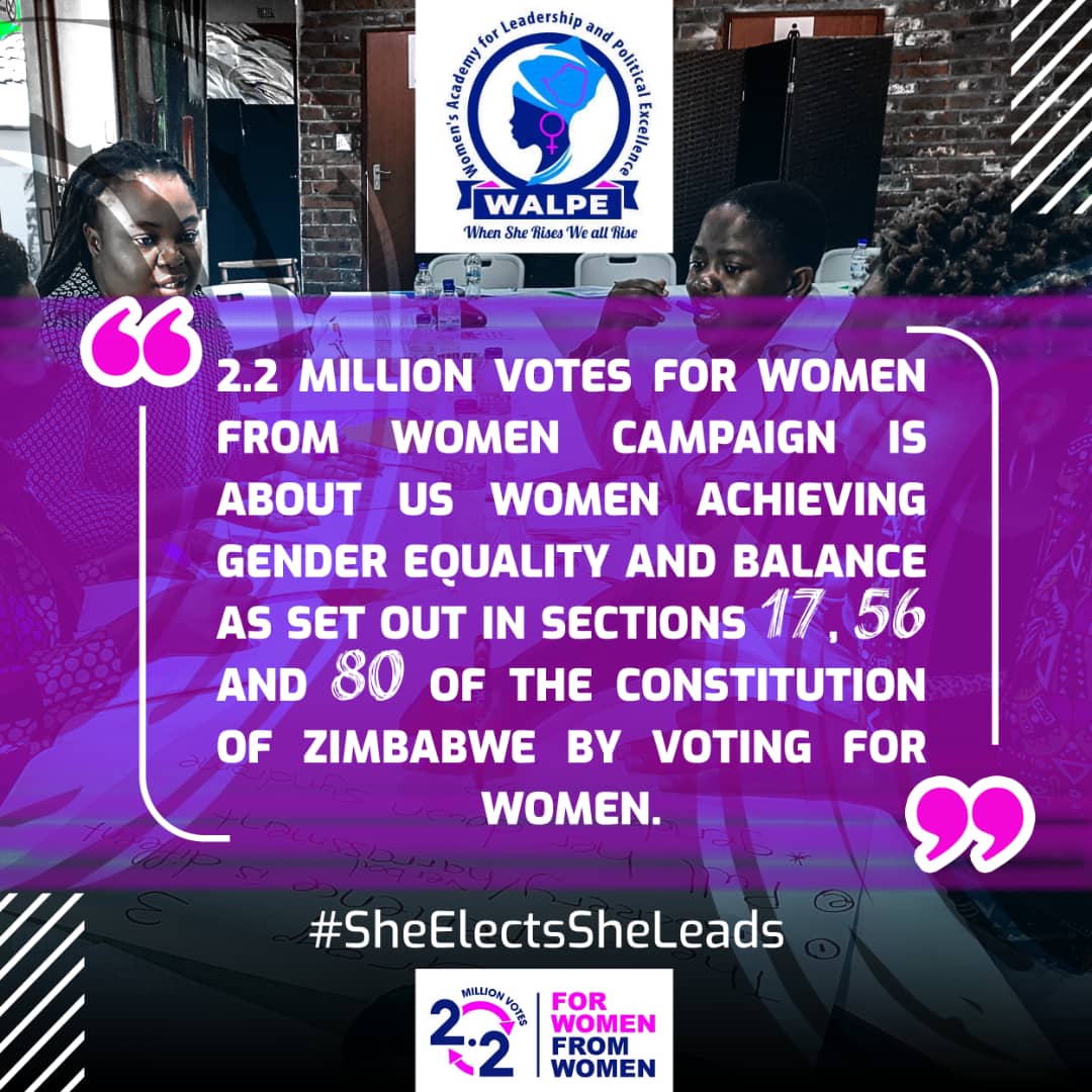 WalpeAcademy's tweet photo. 2.2 million votes for women is about us women achieving gender equality and balance as set out in Section 17, 56 and 80 of the Constitution of Zimbabwe by voting for women #SheElectsSheLeads #LetsGo5050 https://t.co/LhbcnOssFo