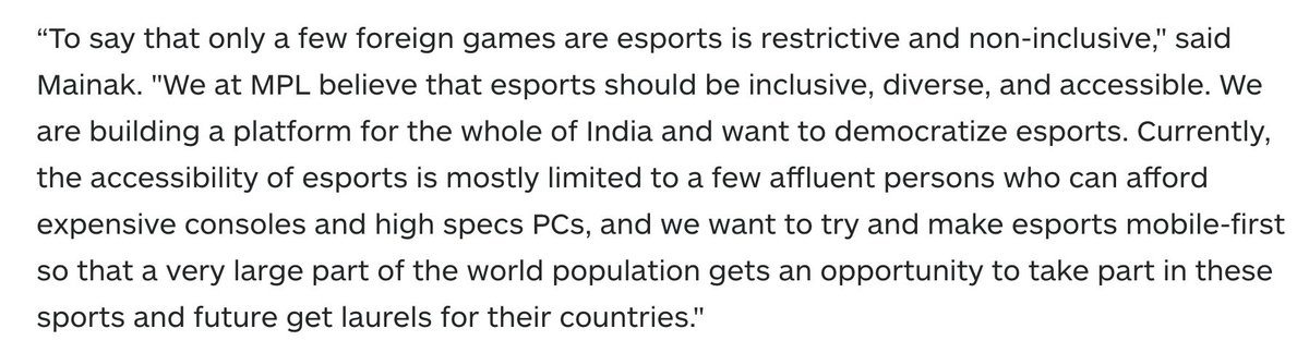 Interesting how  @PlayMPL are using the lack of official recognition of esports in India as a way to market their gambling games and fantasy sports as 'esports'Source:  https://in.ign.com/india/158350/news/mpl-thinks-everything-is-esports-and-thats-problematic-for-the-indian-games-industry