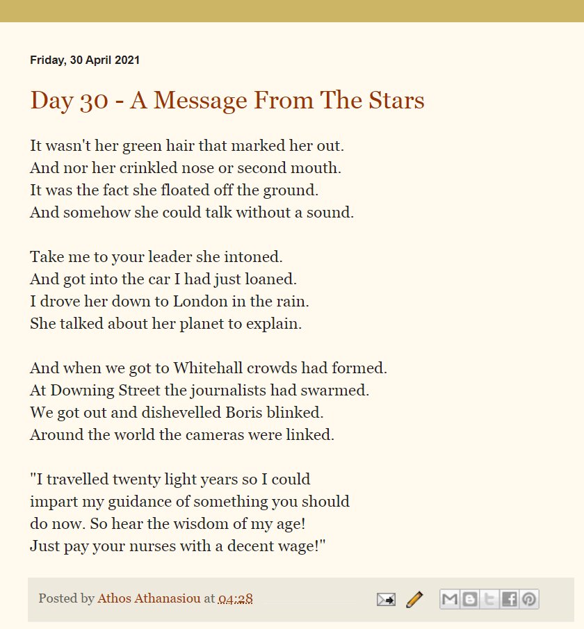 And here is the last poem of #NaPoWriMo2021. Thank you everyone who came along for the journey with me. It was great to do and to hear what you all thought of them. I'll leave them up for a bit. #Poem 30 of 30. athspoemaday.blogspot.com/2021/04/day-30…