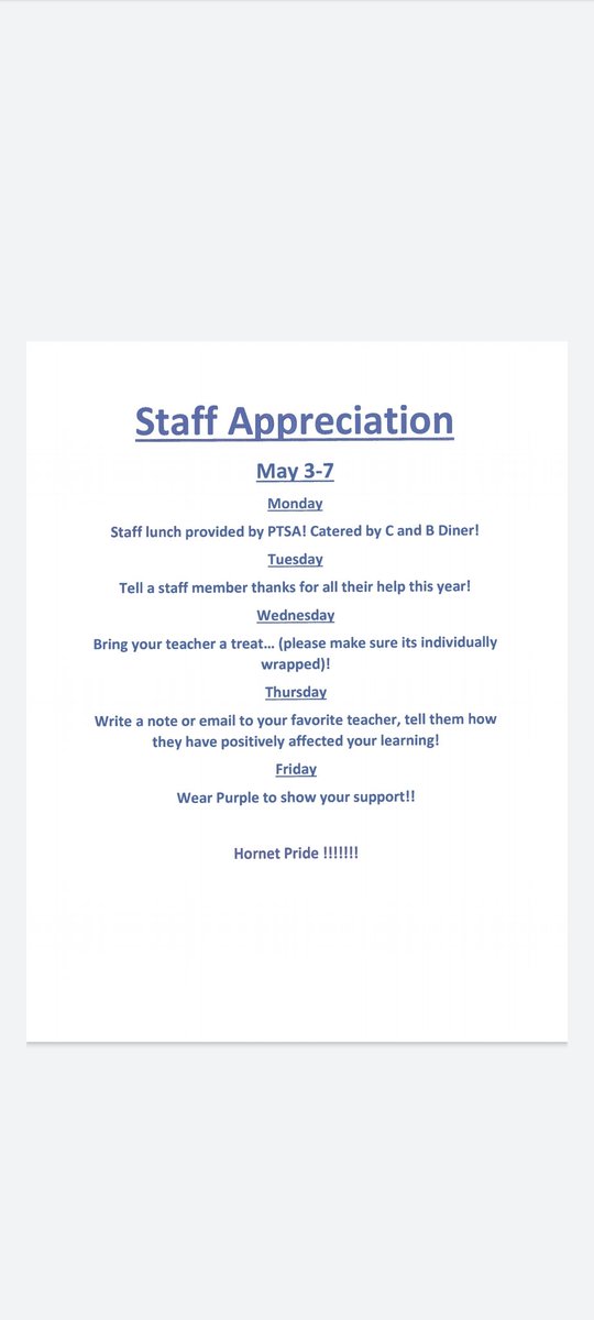 DCMS_hornets's tweet image. Hey, Hornets! 💜💜 Check this out. The PTSA would like for parents and students to get involved in teacher appreciation week next week! Check out each day's suggestion to show appreciation to your teachers.

#ItsaGreatDayToBeaHornet